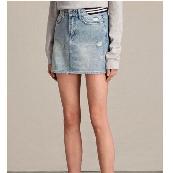AllSaints Denim Mini Skirt Y2K Distressed with Ribbed Waistband – Size 2 - Picture 1 of 8